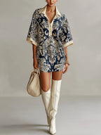 Elegant navy Baroque-print collared mini dress