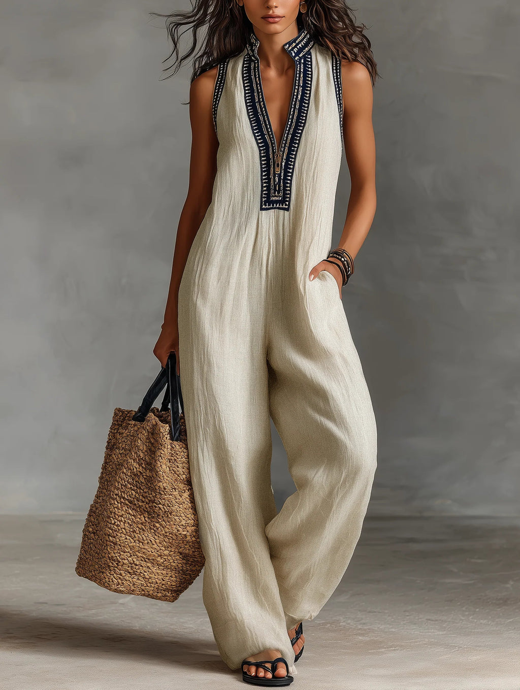 Minimalist stand-up collar zipper sleeveless jumpsuit