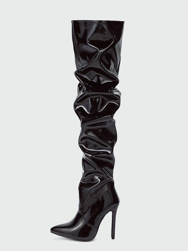 PU Leather Over-the-knee High-heeled Pleated Boots