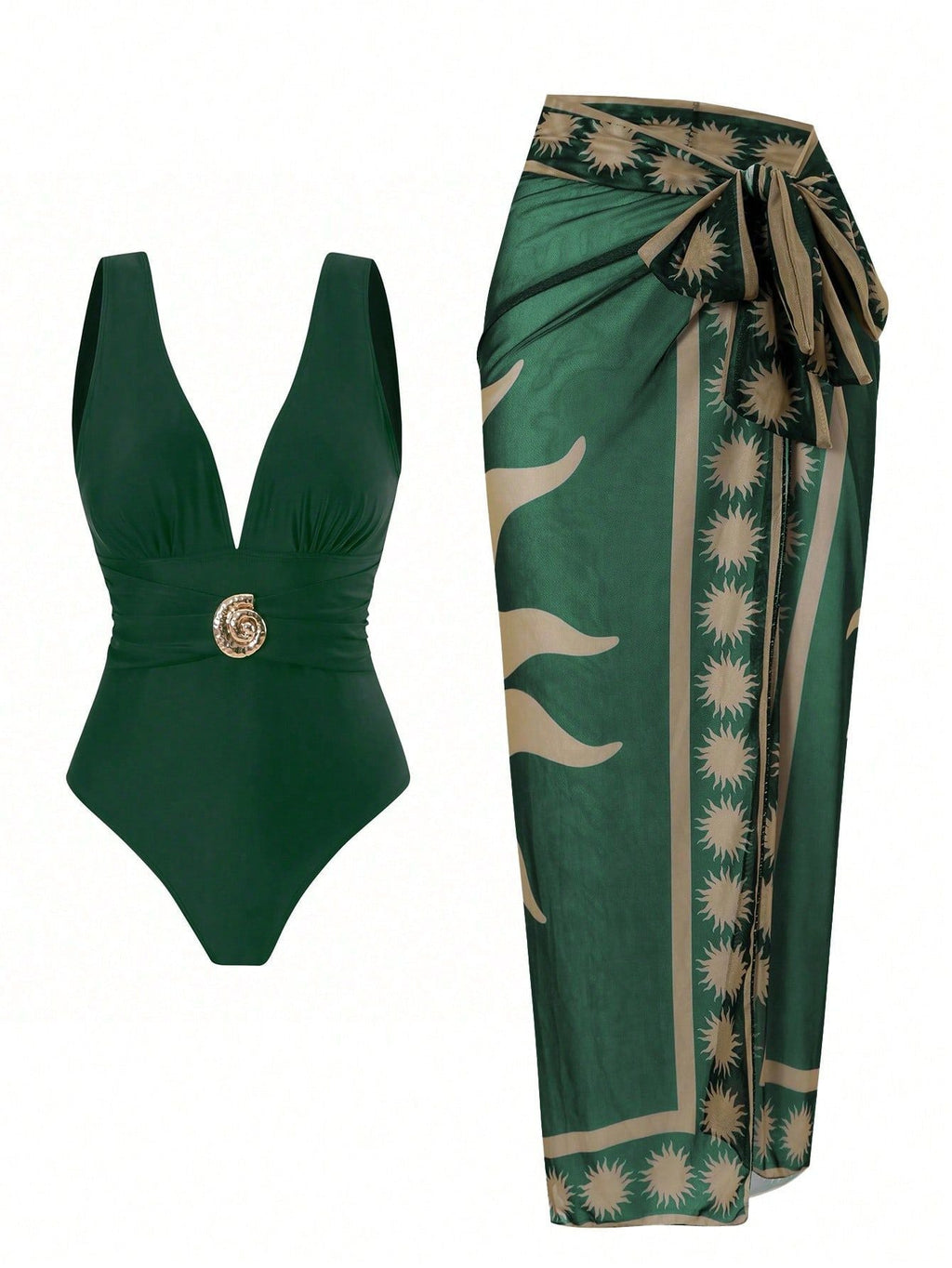 French Vintage Print Deep-V Sexy Swimsuit Set