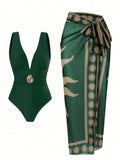 French Vintage Print Deep-V Sexy Swimsuit Set