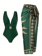 French Vintage Print Deep-V Sexy Swimsuit Set