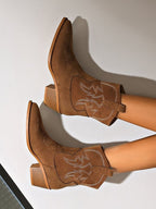 Retro embroidered block heel round toe mid-calf knight boots
