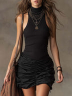 Bohemian Ribbed Halter Ruched Mini Dress
