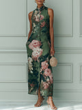 Vintage Floral Oil Painting Print Straight-Cut Maxi Dress