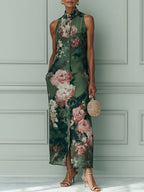 Vintage Floral Oil Painting Print Straight-Cut Maxi Dress