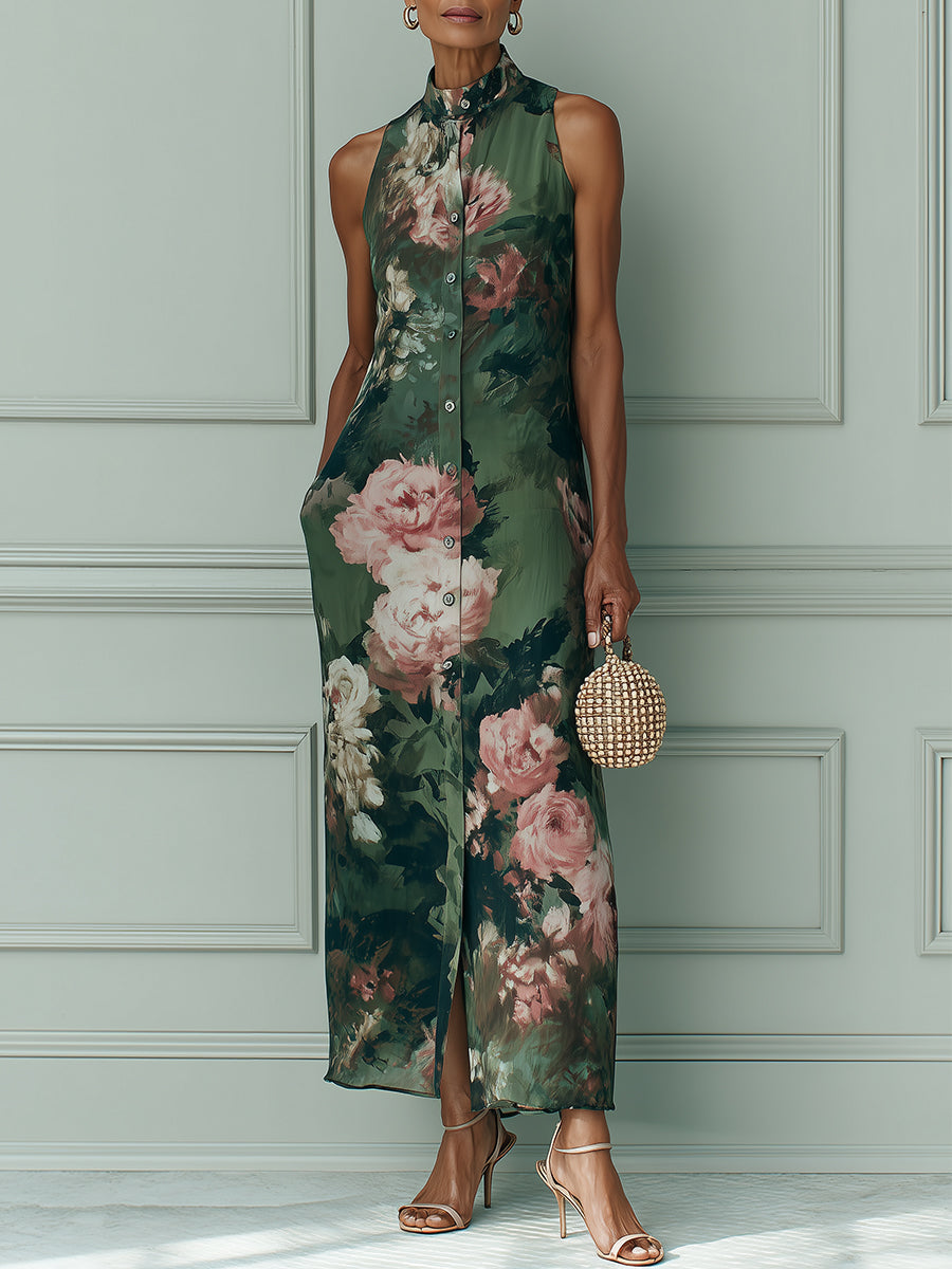 Vintage Floral Oil Painting Print Straight-Cut Maxi Dress