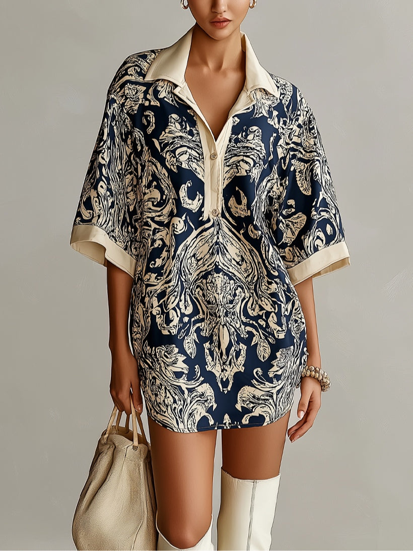 Elegant navy Baroque-print collared mini dress