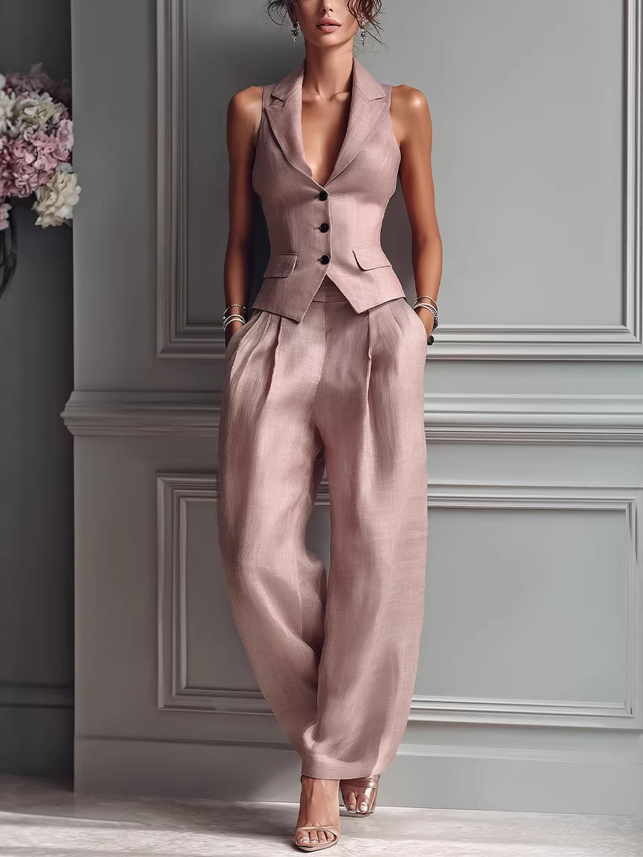 Women's Sexy V-Neck Button-Front Vest & Fashionable Casual Set
