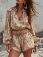 V-Neck Botanical Print Waist-Cinching Short Romper