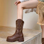 Retro soft leather thick-soled versatile mid-calf boots star_border
