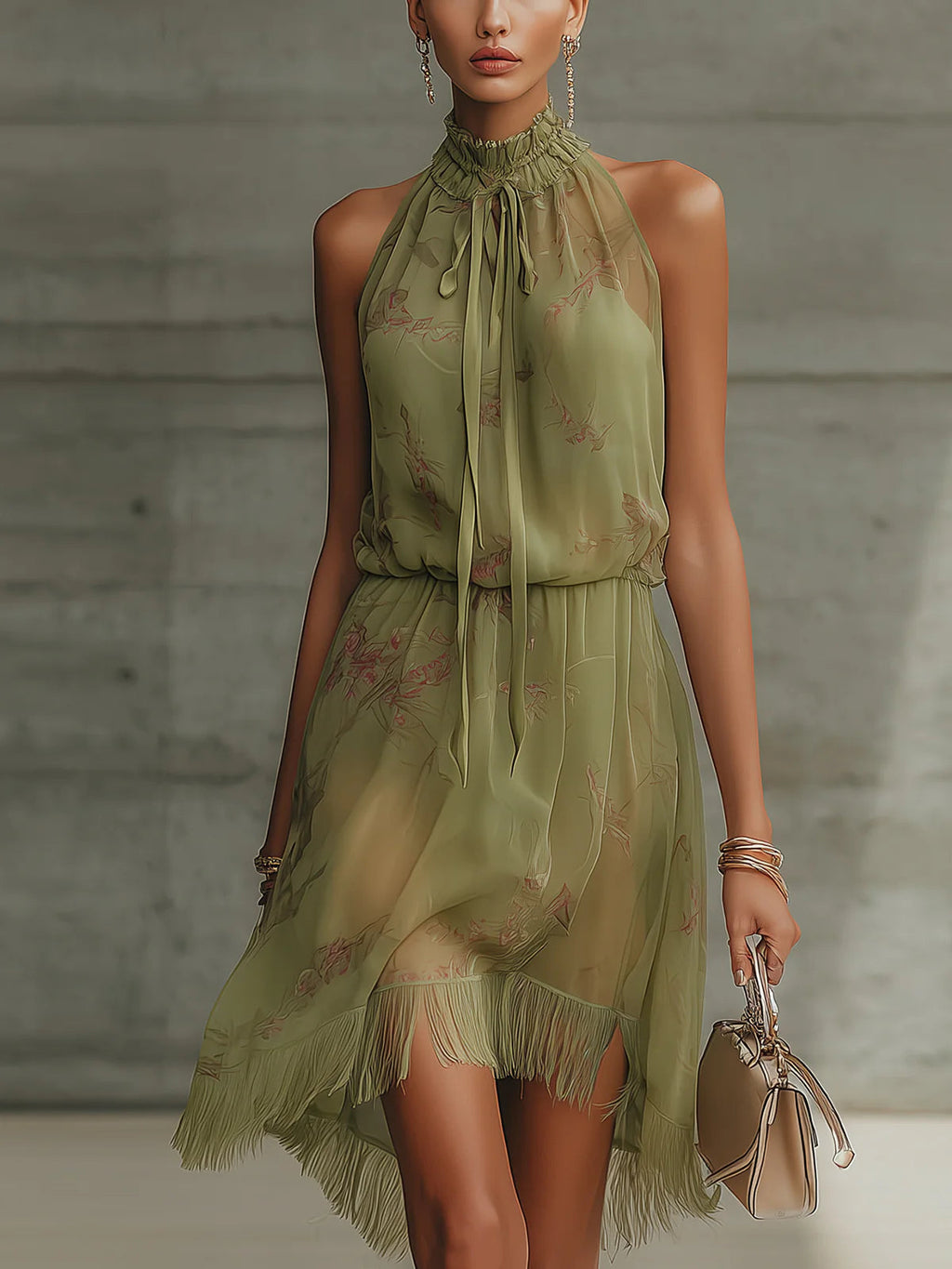 Green Floral Tie-Waist Chiffon Mini Dress