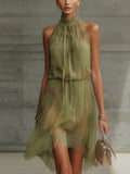 Green Floral Tie-Waist Chiffon Mini Dress