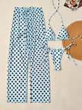 Light Blue Polka Dots Triangle Bikini Set With Beach Pants
