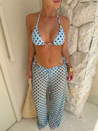 Light Blue Polka Dots Triangle Bikini Set With Beach Pants