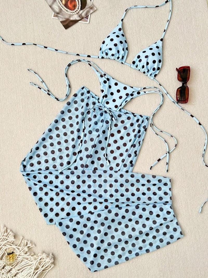 Light Blue Polka Dots Triangle Bikini Set With Beach Pants