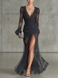 Dark Grey Lace Ruched Sheer Long Sleeve Slit Maxi Dress