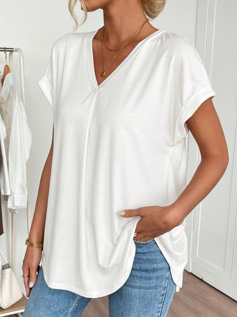 Women's V-neck short-sleeve top with back pleats