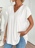 Women's V-neck short-sleeve top with back pleats