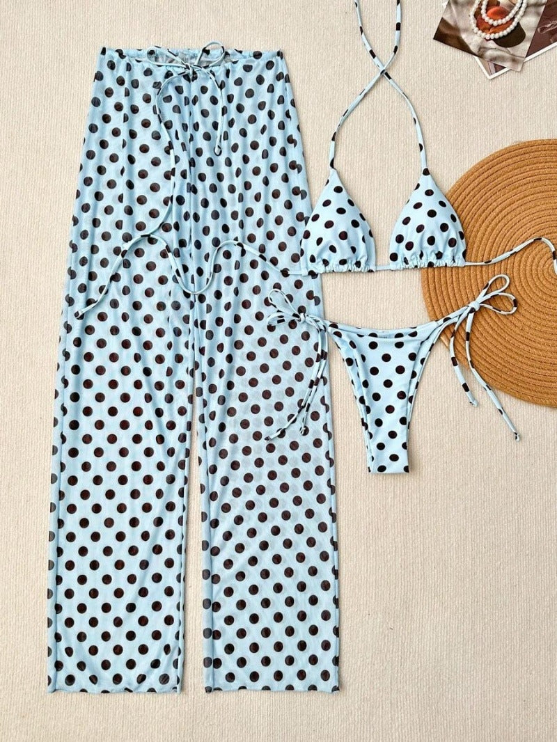 Light Blue Polka Dots Triangle Bikini Set With Beach Pants