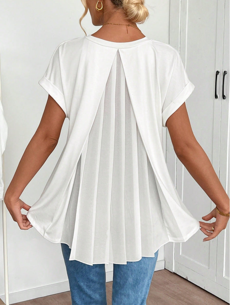Women's V-neck short-sleeve top with back pleats