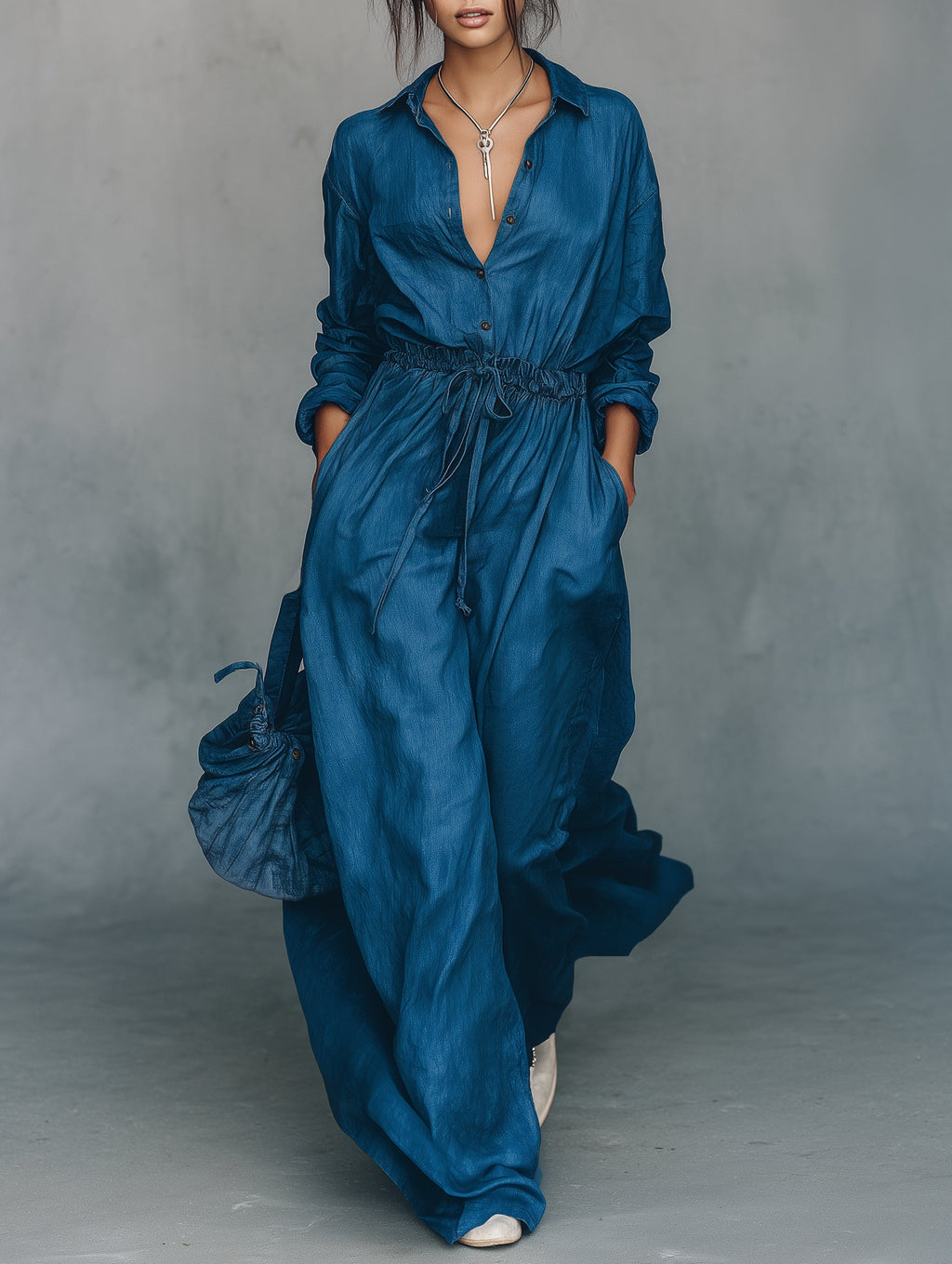 Minimalist Linen-Blend Long-Sleeve Maxi Dress with Drawstring Waist