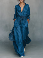 Minimalist Linen-Blend Long-Sleeve Maxi Dress with Drawstring Waist