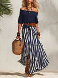 Women's off-shoulder puff-sleeve top and striped skirt set(Includes belt)