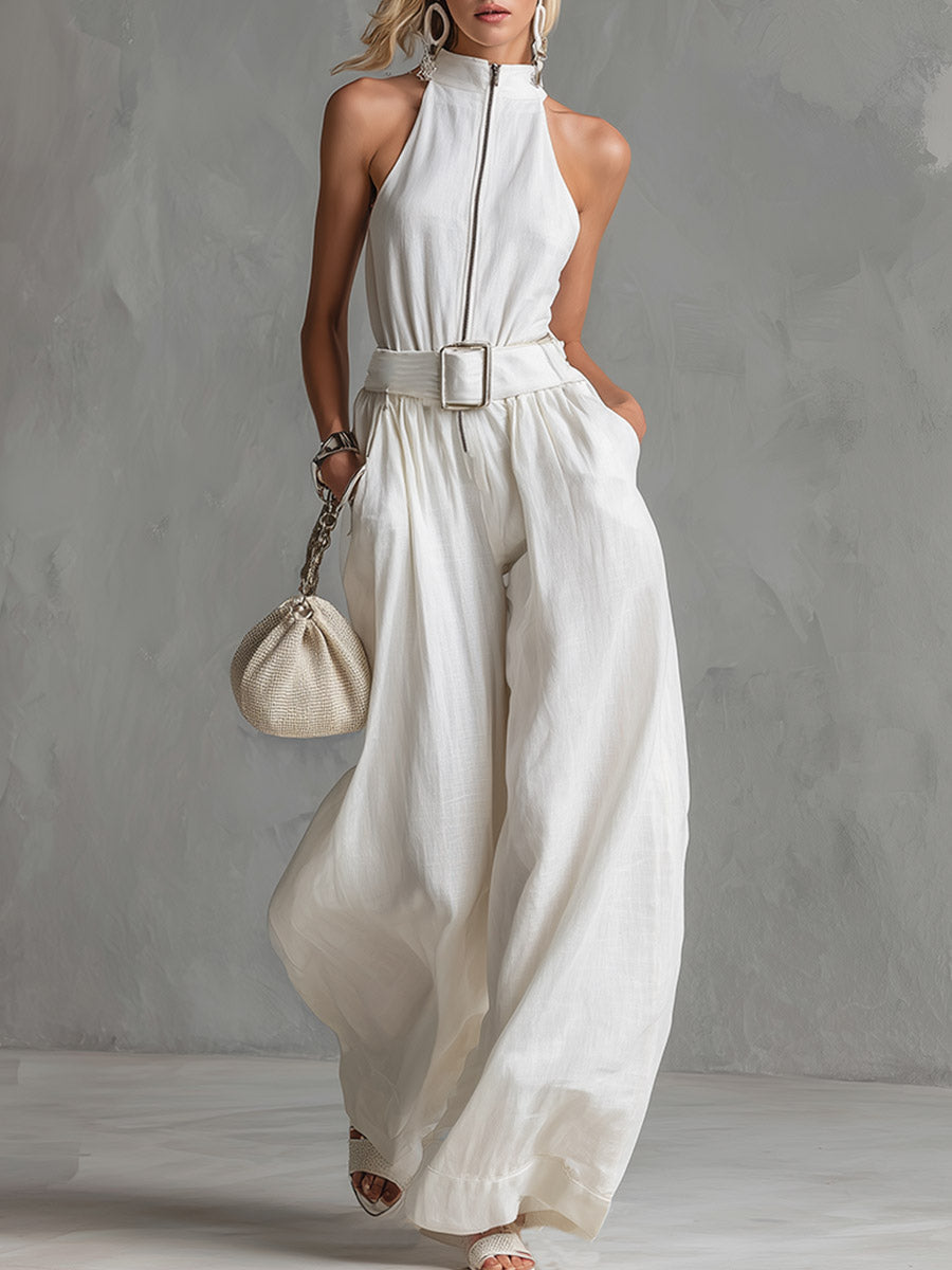 Elegant Urban Belted Sleeveless Wide-Leg Jumpsuit