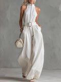 Elegant Urban Belted Sleeveless Wide-Leg Jumpsuit