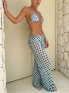 Light Blue Polka Dots Triangle Bikini Set With Beach Pants