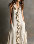 Women's Solid-Color Sleeveless V-Neck Flared Ruffle Dress