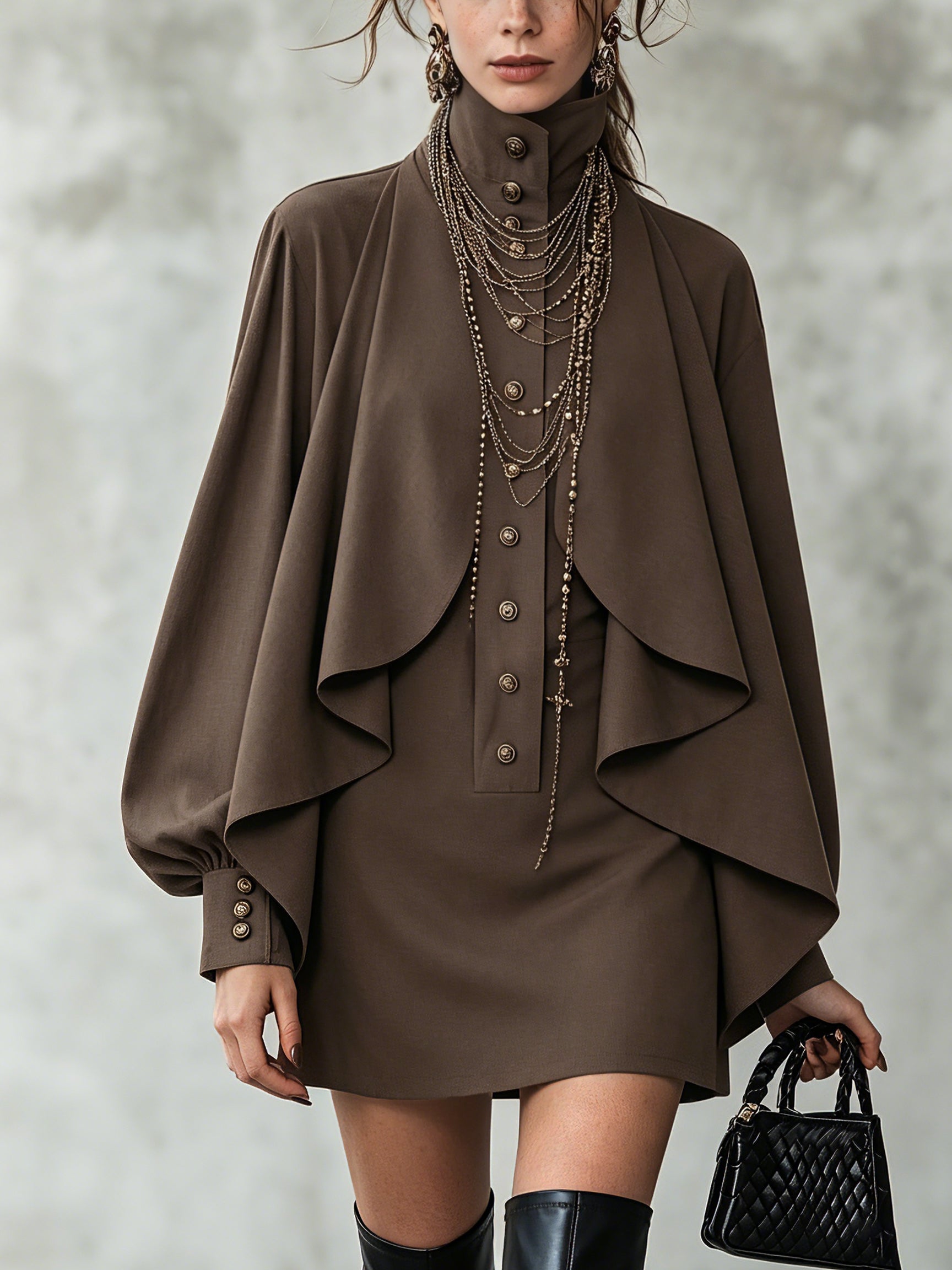 Chocolate high-neck mini dress with cape-style paneling