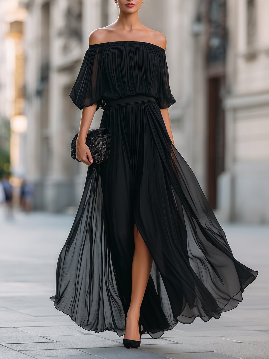 Black Off-Shoulder Pleated Chiffon Maxi Dress