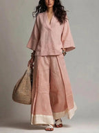 Pink V-neck Shirt And Color-blocked Wide-leg Pants Suit