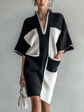 Black and white color-block midi dress with batwing sleeves