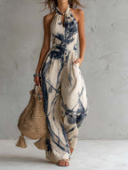 Halter Neck Ink Wash Print Wide Leg Jumpsuit With Pockets