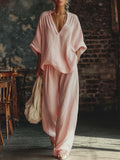 Casual Pink V-Neck Shirt and Trousers Set