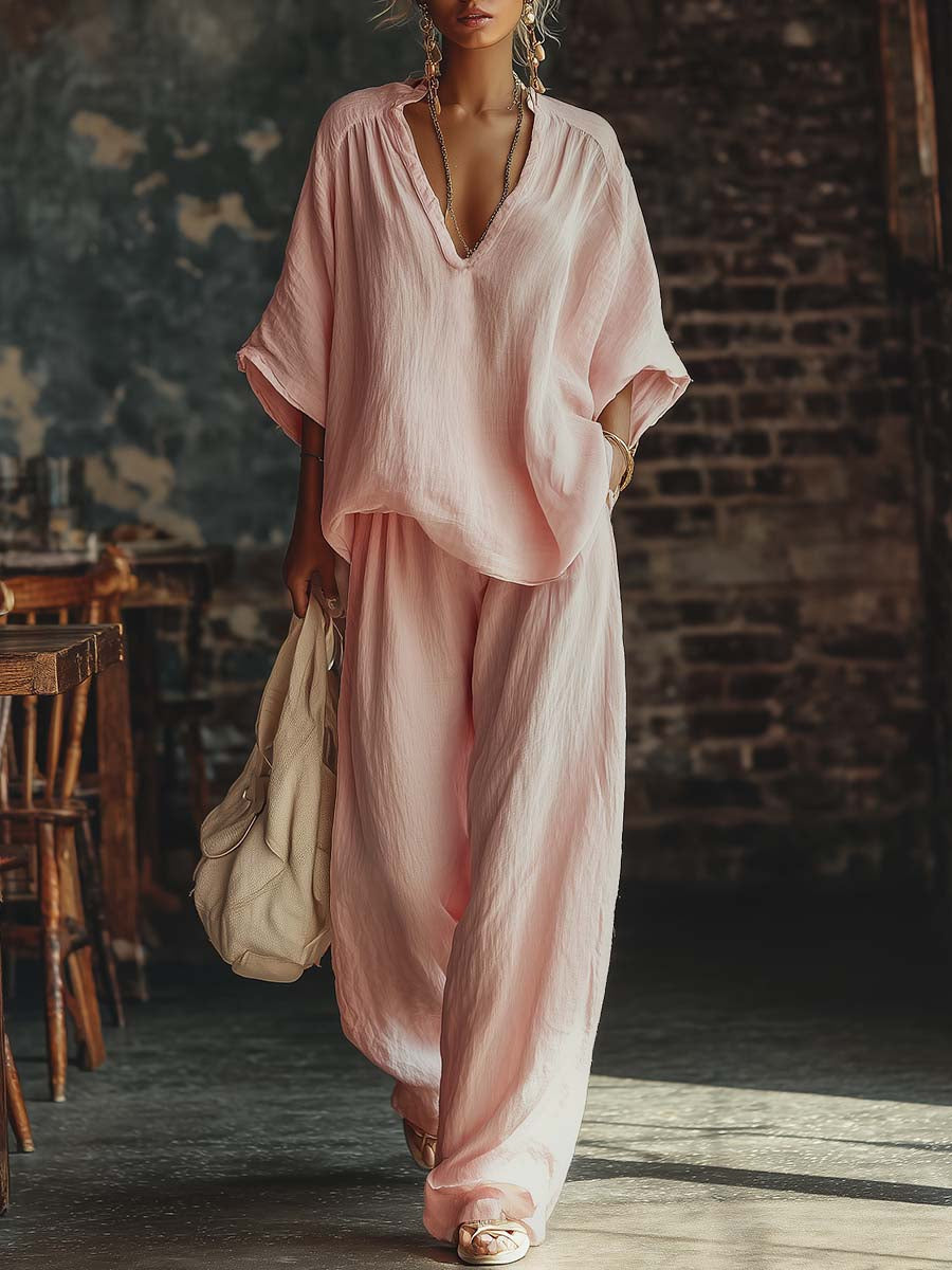 Casual Pink V-Neck Shirt and Trousers Set