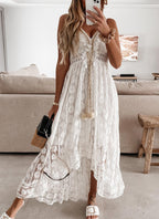 Summer Solid-Color Lace Camisole Maxi Dress with a Full Skirt