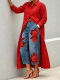 Long shirt paired with a floral wide-leg denim trouser set