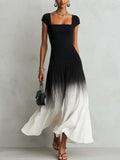 Black square-neck maxi dress with a gradient hem