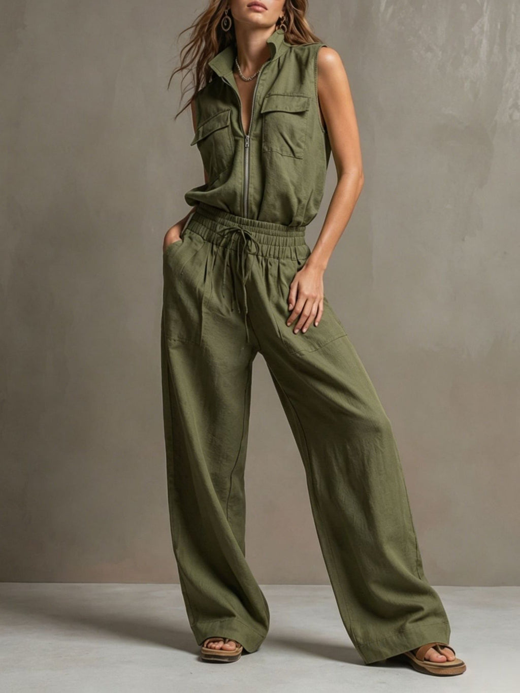 Women's Premium Sleeveless Mock-Neck Half-Zip Utility Wide-Leg Set