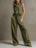 Women's Premium Sleeveless Mock-Neck Half-Zip Utility Wide-Leg Set