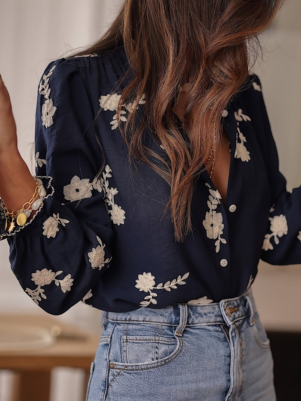 Women's Long-Sleeve Embroidered Chiffon Blouse