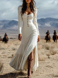 Western style button long sleeve sexy maxi dress