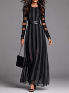Gothic Striped Mesh Long-Sleeve Maxi Dress(Belt included)