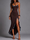 Retro Lace-Trimmed Ruffled-Hem High-Slit Maxi Dress