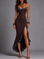 Retro Lace-Trimmed Ruffled-Hem High-Slit Maxi Dress