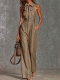 Vintage tie-neck sleeveless wide-leg jumpsuit with lace trim